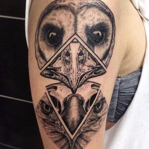 Awesome owl and eagle tattoo. Photo from Matina Marinou on Instagram #MatinaMarinou #blackworker #pointillism #dotwork #blackandgrey #woodcut #etching #engraving #owl #eagle