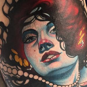 WIP lady tattoo by James Tex #JamesTex #ladytattoos #color #neotraditional #portrait #lady #pearls #jewelry #eyes #lips #face #wip