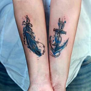 Feather and anchor tattoos by Matty Nox #MattyNox #watercolor #feather #anchor