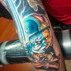 Rad looking Luke Skywalker tattoo done by Josh Herman. #JoshHerman #MAYDAYtattoo #NewSchool #ColoredTattoo #LukeSkywalker #starwars #starwarstattoo