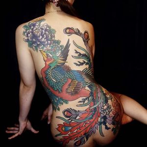 Phoenix back-piece by Shion #Shionirezumi #japanese #phoenix #chrysanthemum #color #tattoooftheday