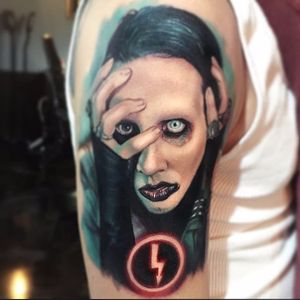 Marilyn Manson tattoo by Paul Acker. #PaulAcker #MarilynManson #paleemperor #music #band #goth #alternative #metal #dark #portrait #colorrealism