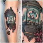 Harry Potter tattoo by Jessica White. #JessicaWhite #jawtattoos #neotraditional #harrypotter #hp #book #movie #lamp #candle #slytherin