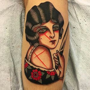 Woman and Knife Tattoo by Ivan Antonyshev @Ivanantonyshevtattoo #Ivanantonyshevtattoo #Traditional #Girl #Woman #Rose #Mainstaytattoo #Austin