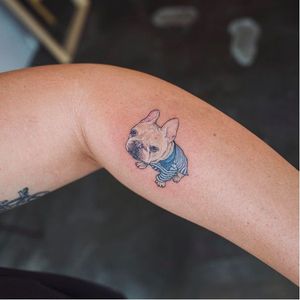 Adorable mini pug tattoo by Sol Tattoo. #soltattoo #tattooistsol #color #colortattoo #pug #puglife #pugtattoo