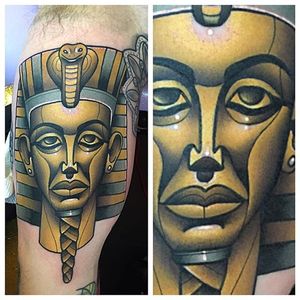 Pharoah head tattoo by Pat Bennett, look at the awesome use of highlights! #Pharoah #color #colorful #solid #PatBennett