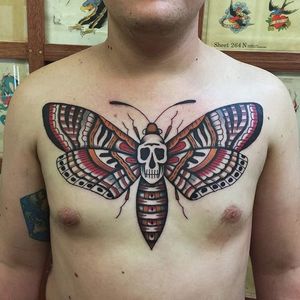 A deathly moth tattoo via Tommy Doom (IG—tommydoom). #moth #skull #TommyDoom #traditional