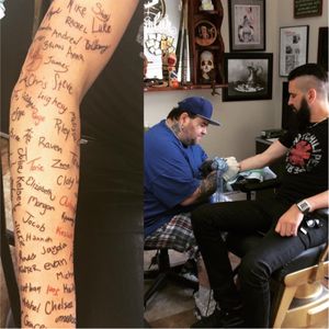 Left: Robb Nash's arm tattoo. Right:  Tattooist Phil McLellan works on Nash's arm piece. #RobbNash #musicians #SuicideAwareness #tattoos #inspirationalink