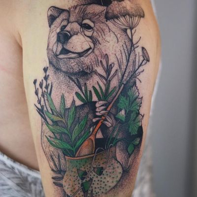 Gardening bear tattoo by Joanna Świrska #JoannaSwirska #DzoLama #planttattoos #color #blackandgrey #linework #dotwork #plant #illustrative #watercolor #leaves #mushrooms #nature #animal #gardening #tattoooftheday