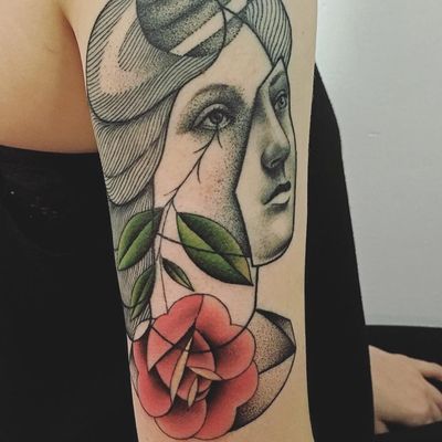 Creative portrait tattoo by Mariusz Trubisz #MariuszTrubisz #cooltattoos #color #abstract #newtraditional #cubist #dotwork #linework #rose #mashup #portrait #eyes #ladyhead #mask #flower #tattoooftheday