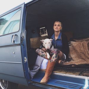 Girard and her bull terrier, Owen via instagram meg_girard #meggirard #jewelry #metalsmith #jeweler #southwestern #bullterrier #GIRLBOSS