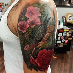 Color realism bird and flowers half sleeve. Tattoo by Kyle Cotterman. #realism #colorrealism #KyleCotterman #halfsleeve #bird #flowers