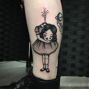 Blackwork little girl tattoo by Sarah Whitehouse. #SarahWhitehouse #Manchester #UK #blackwork #littlegirl #kid #girl #cute #adorable #headless #dotwork