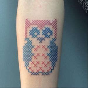 Cross-stitch owl tattoo by Mariette #Mariette #crossstitch #owl #blueink #redink