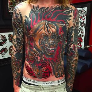 Badass Front piece Tattoo by James McKenna via Instagram @J__Mckenna #JamesMcKenna #Traditional #Neotraditional #Opticalillusion #Fremantle #WesternAustralia #feline #bodysuit #flames