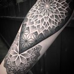 Mandala tattoo sleeve close-up by Chris Bint #ChrisBint #Bintt #mandala #blackandgrey #mandalastyle #dotwork #patternwork