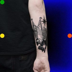 Bat tattoo by Roman Shcherbakov. #RomanShcherbakov #trippy #blackwork #bat #btattooing #blckwrk