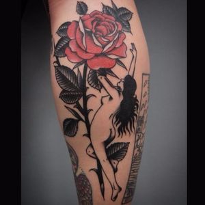 Rose tattoo by Giacomo Sei Dita #GiacomoSeiDita #traditional #redink #blackwork #rose #pinup
