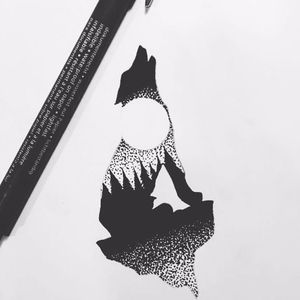 A tattoo design of Sebastiano Perezzetta's (IG—sebastiano_perazzetta) signature howling wolf silhouettes that encompasses a nighttime landscape. #landscapes #moon #SebastianoPerezzetta #silhouette #wilderness #wolf