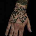 Hand landscape tattoo by Will Sheldon #WillSheldon #landscapetattoo #blackwork #pyramid #palmtree #tree #desert #egypt #allseeingeye #dotwork #linework #birds #eye #tattoooftheday