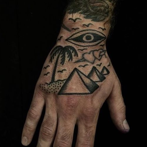 Hand landscape tattoo by Will Sheldon #WillSheldon #landscapetattoo #blackwork #pyramid #palmtree #tree #desert #egypt #allseeingeye #dotwork #linework #birds #eye #tattoooftheday