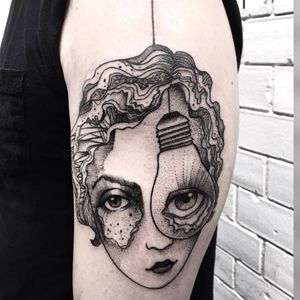 Surrealistic tattoo by Gaston Tonus #GastonTonus #sketch #surrealistic #graphic #monochrome #monochromatic #blackwork #dotwork #lightbulb #portrait