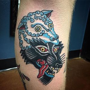Wolf In Sheep's Clothing Tattoo by @onelungjustin #wolfinsheepsclothing #wolf #sheep #traditional #onelungjustin