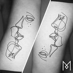 Single line Spiderman kiss tattoo by Mo Ganji. #MoGanji #minimalist #singleline #continuousline #portrait #face #kiss #lovers