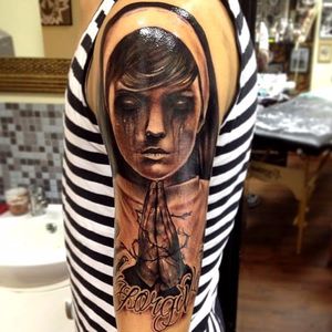 Possessed nun portrait tattoo by Anrijs Straume. #AnrijsStraume #possessed #nun #scary #horrifying #creepy #macabre #portrait #horror #blackandgrey #sinister #evil