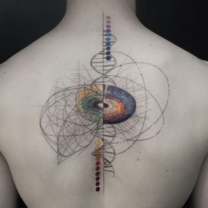 Collaborative tattoo by Balazs Bercsenyi and Eva Krbdk #BalazsBercsenyi #EvaKrbdk #cooltattoos #color #blackandgrey #linework #fineline #palette #dna #galaxy #universe #collaboration #tattoooftheday
