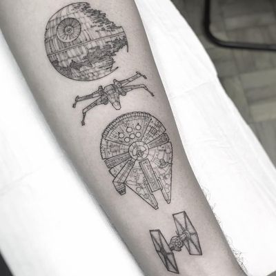 Star Wars tattoo by William Marin #WilliamMarin #movietattoos #blackandgrey #linework #illustrative #StarWars #deathstar #spaceships #tiefighter #millenniumfalcon #galaxy #space #scifi