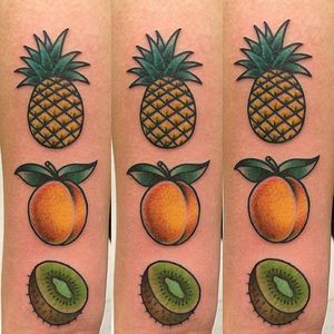 Pineapple, peach and kiwi tattoo by Ville Maki. #traditional #fruit #pineapple #peach #kiwi #kiwifruit #VilleMaki
