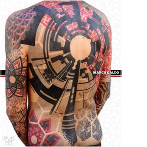 Badass backpiece and sleeves by Marco Galdo #MarcoGaldo #geometric #dotwork #redink #geometry #red #black #creative #backpiece