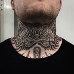 Incredible dot and linework on this throat. Tattoo by Aaron Breeze #AaronBreeze #neotraditional #traditional #LifeAndDeathTattoo #blackworker #dotwork #dragon