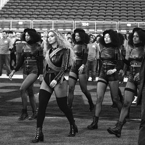 Beyonce and dancers during the Super Bowl 50 halftime show wearing custom Zana Bayne (via IG-zaynabayne) #harness #bdsm #leather #beyonce #fashion #zanabayne
