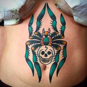 Rad looking spider skull tattoo by Simon Blay. #SimonBlay #TLCtattoo #TraditionalLondonClan #boldtattoos #spider #skull