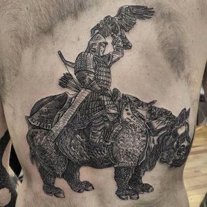 Heavy Detailed Warrior and Beast Tattoo by Jonathan Love @Jonald_Juck #JonathanLove #Black #Blackwork #Oddtattoos #Blackworkers #EODTattoo #Denver #Warrior #Beast