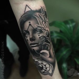 Black and grey trippy tattoo by Zack Singer. #ZackSinger #gem #3d #hyperrealistic #trippy #mashup #portrait #woman #crystal #blackandgrey
