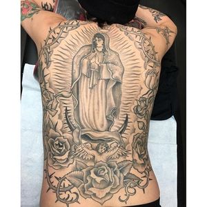 Religious tattoo by Michelle Myles. #MichelleMyles #blackandgrey #religious #mary #backpiece