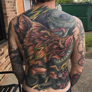 Hog back tattoo by Craig Gardyan #hog #wildboar #neotraditional #CraigGardyan