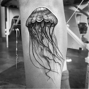 Jellyfish tattoo by g_eem on Instagram. #whiteink #jellyfish #marine #blckwrk #blackwork #dotwork #dotshading #dotshade