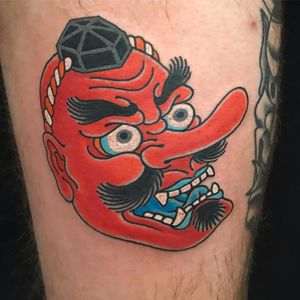 Tengu Head tattoo by Chris Garver #ChrisGarver #Fivepointsnyc #color #japanese #traditionalJapanese #irezumi #tengu #tenguhead #demon #kami #yokai #monster #folklore #red #tattoooftheday