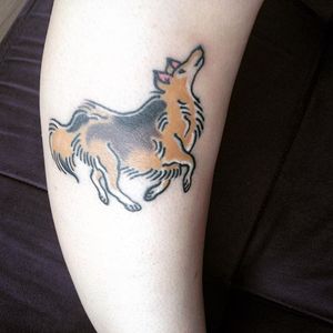 Prancing collie tattoo by Pauloa Salazar. #traditional #dog #collie #PauloaSalazar