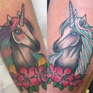 Matching unicorn tattoos by Stephanie Melbourne #StephanieMelbourne #neotraditional #colour #unicorn #matching