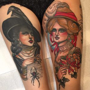 Witchy ladies by Matt Adamson #MattAdamson #color #neotraditional #lady #portrait #witch #spider #spiderweb #peony #jewelry #pearls #victorian #fortuneteller #magic #flower #feather #lace #tattoooftheday