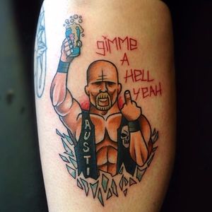Shattered glass, a beer, a catchphrase an a middle finger - all essential elements for a Stone Cold Steve Austin tattoo. Tattoo by Gooney Toons. #SteveAustin #StoneCold #StoneColdSteveAustin #wrestling #WWF #WWE #GimmeAHellYeah #GooneyToons