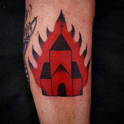 Burning Church tattoo by Uve #Uve #graphic #redink #bold #popart #church #cathedral #fire #cross #burning