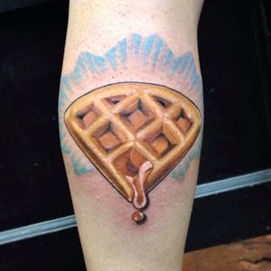 Waffle and syrup tattoo by Shay Bredimus. #waffle #syrup #ShayBredimus #neotraditional