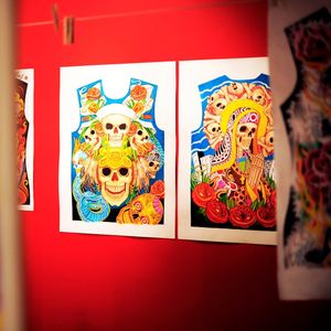 Several skeletal paintings by the recently deceased Peter Mui. Photograph by Matt Modoono and Adam Glanzman. #artshow #fashion #fineart #Gallery360 #Japanese #Northeastern #PeterMui #traditional