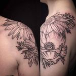 Flower tattoo by Ashley Dale #AshleyDale #monochromatic #monochrome #blackwork #nature #flower #poppy #sunflower